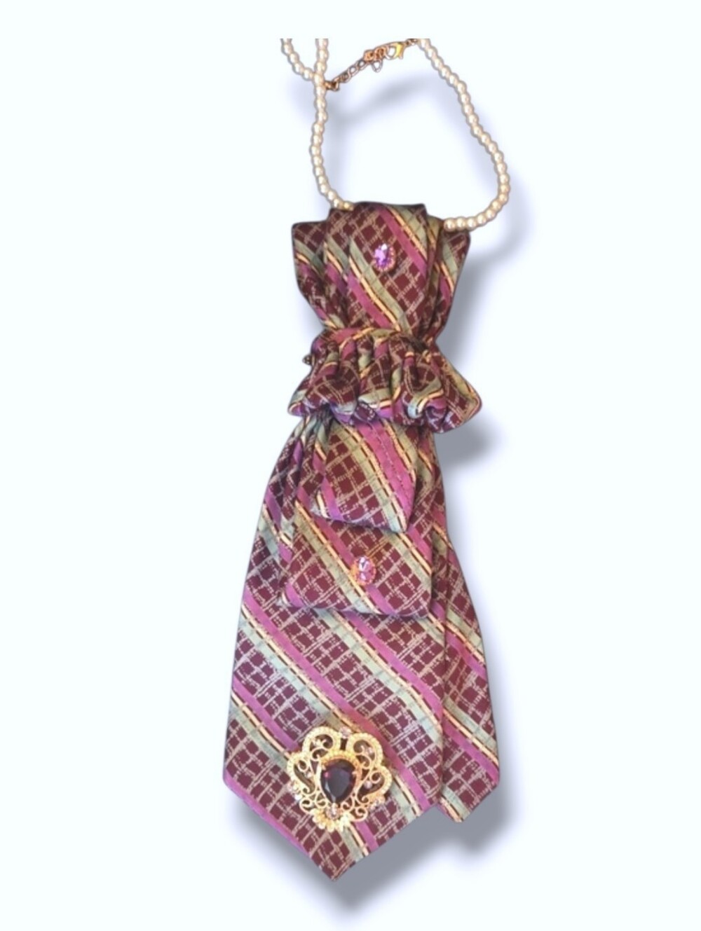 3/$60 Vintage-Inspired Purple Plaid Cravat Necklace with Purple Brooch